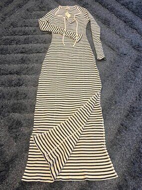 Aerie Ribbed Maxi Dress Navy White Stripe Tie Neck - XS (NWT)
